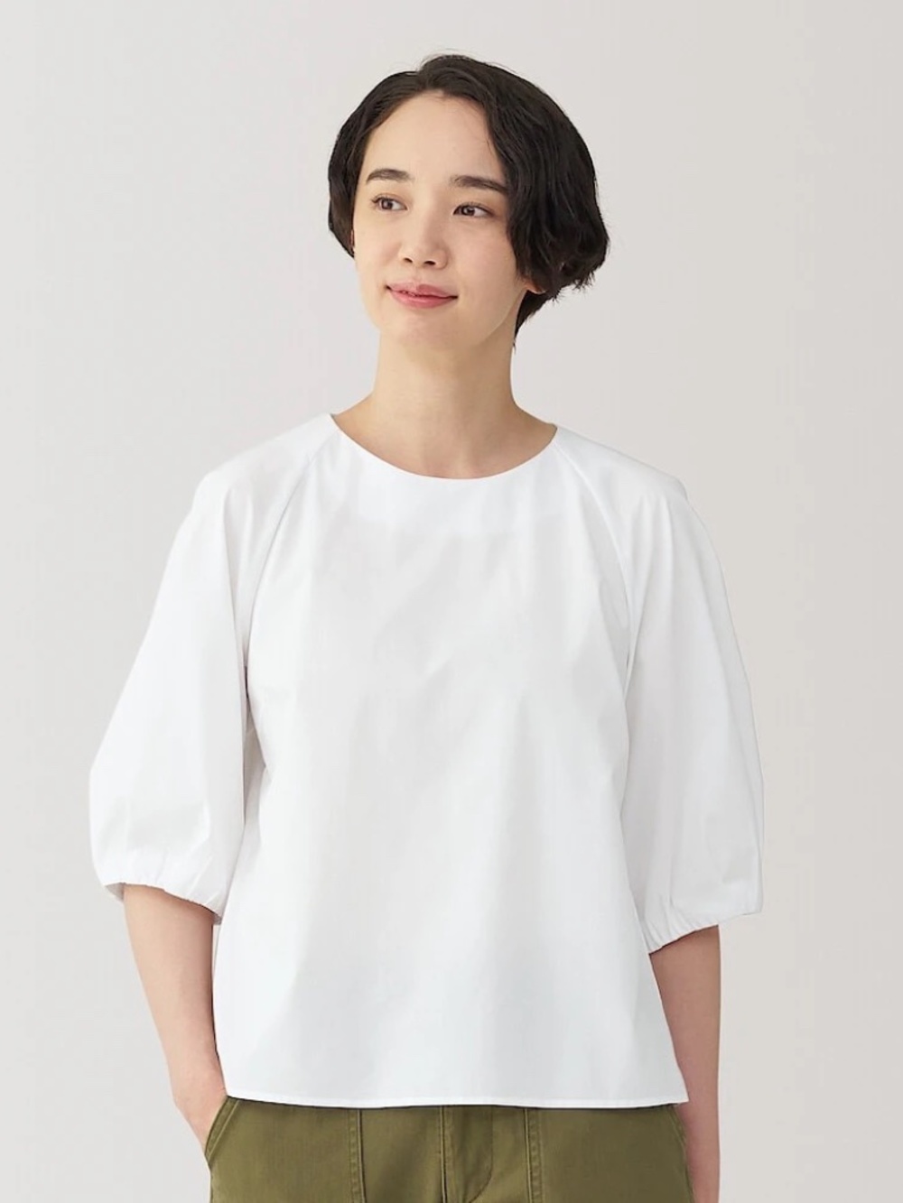 Muji Women’s M Quick Dry Puff Sleeve Half Sleeve White Cotton Blouse
